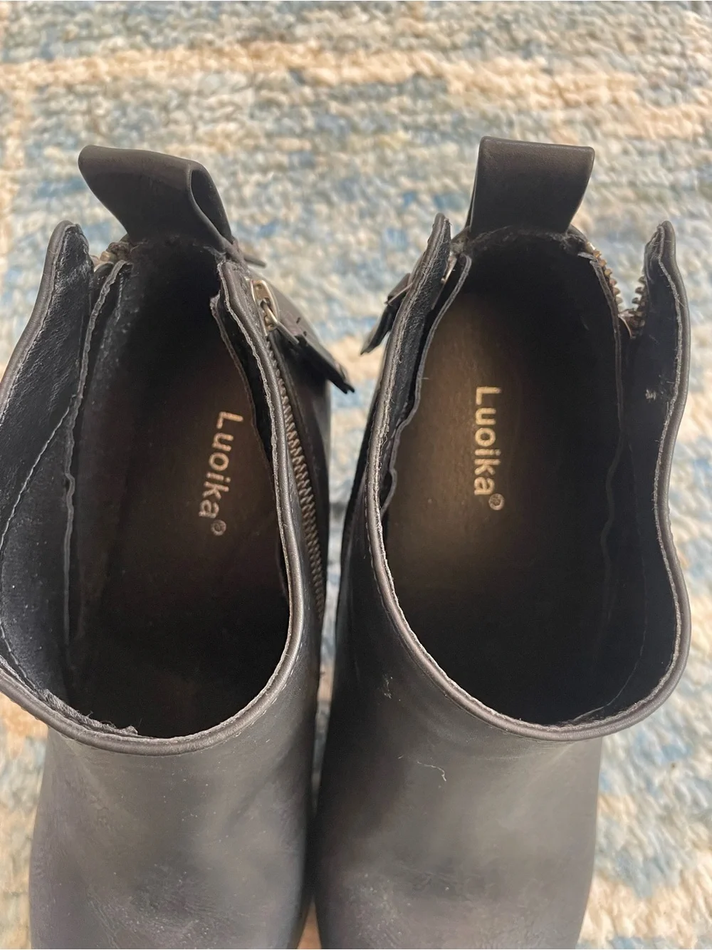 Luoika Black Faux Leather Moto Ankle Booties Size 9 XW Extra Wide Block Heel
